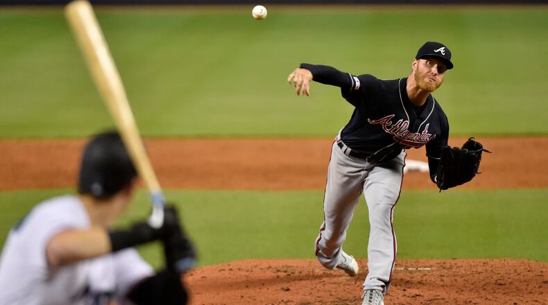 MIAMI, FL - AUGUST 11: Mike Foltynewicz #26 of the Atlanta Braves throws a pitch during the third inning against the Miami Marlins at Marlins Park on August 11, 2019 in Miami, Florida. (Photo by Eric Espada/Getty Images)