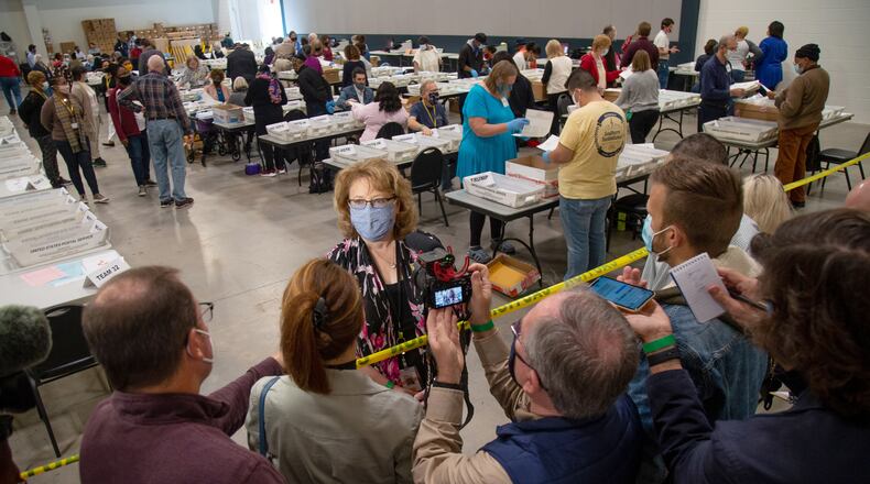Cobb County Elections Director Janine Eveler talks with the media as election workers start the recount process in November 2020 at the Jim Miller Park Event Center in Marietta.  STEVE SCHAEFER / SPECIAL TO THE AJC