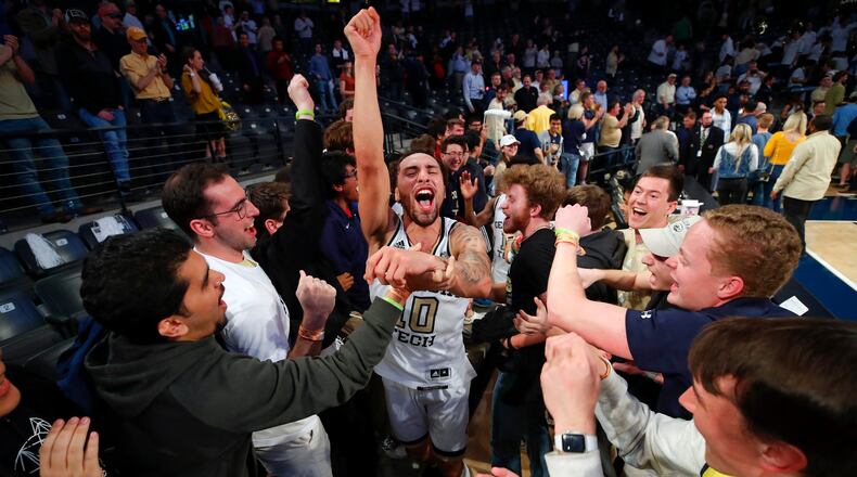 Georgia Tech guard Jose Alvarado (10) reacts at the conclusion of an NCAA college basketball game against Louisville in Atlanta, Wednesday, Feb. 12, 2020. (AP Photo/Todd Kirkland)