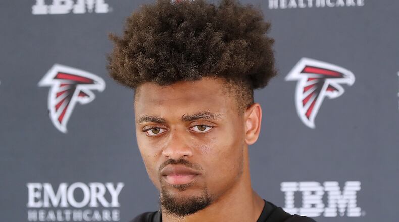Falcons cornerback A.J. Terrell discusses his off season progress during interviews after the fourth day of training camp practice Sunday, Aug. 1, 2021, in Flowery Branch. (Curtis Compton / Curtis.Compton@ajc.com)