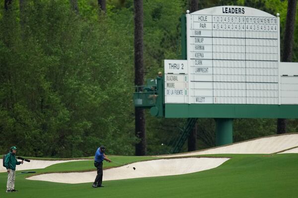 FILE - Jose Maria Olazabal, of Spain, chips to the green on the third hole during the first round at the Masters golf tournament at Augusta National Golf Club Thursday, April 11, 2024, in Augusta, Ga. (AP Photo/David J. Phillip, file)