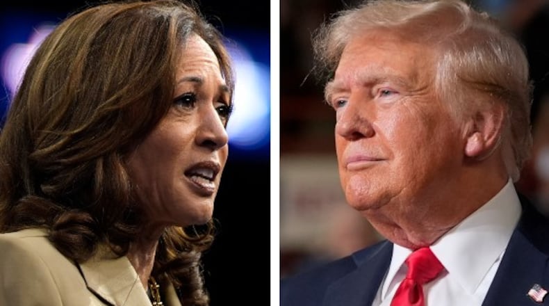 This week, Democratic Vice President Kamala Harris (left) and affiliated political action committees spent $3.4 million more than former President Donald Trump and his supporters on ads across television, radio and digital markets, according to an Atlanta Journal-Constitution analysis of data from the ad tracking firm AdImpact. (AP Photos)