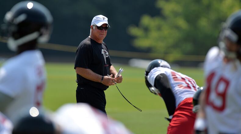 Coach Mike Smith directs his troops at the Falcons' mini-camp Tuesday June 17, 2014. BRANT SANDERLIN /BSANDERLIN@AJC.COM .