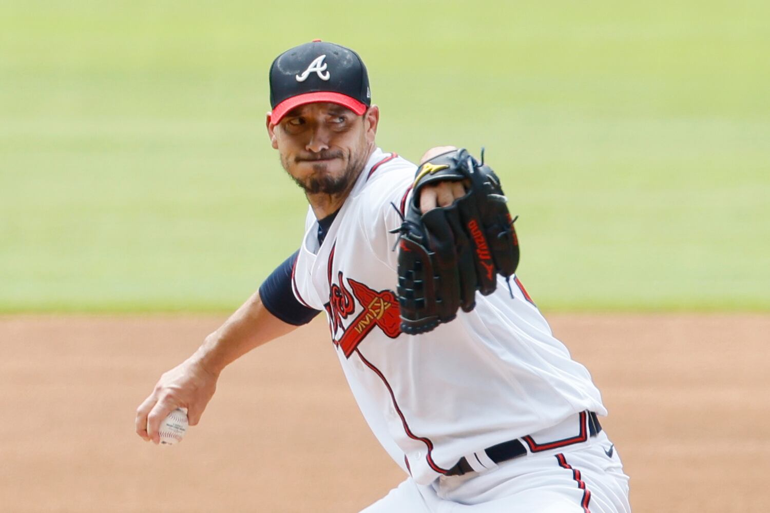 Braves starting pitcher Charlie Morton delivers against the Astros on Sunday at Truist Park. (Miguel Martinez / miguel.martinezjimenez@ajc.com)
