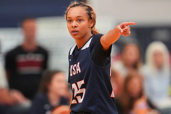 FILE - Guard Hannah Hidalgo during practice at USA Basketball women's Americup trials, Wednesday, June 18, 2025, at the USA Olympics training center in Colorado Springs, Colo. (AP Photo/David Zalubowski, File)