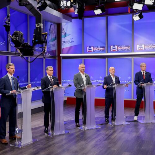 Candidates in California's gubernatorial race look on during a debate Wednesday, April 22, 2026, in San Francisco. (Jason Henry/Pool Photo via AP)