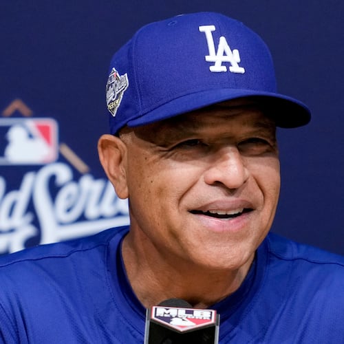 Los Angeles Dodgers manager Dave Roberts speaks prior to Game 4 of baseball's World Series against the Toronto Blue Jays, Tuesday, Oct. 28, 2025, in Los Angeles. (AP Photo/Ashley Landis)