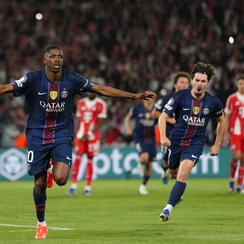 PSG's Ousmane Dembele celebrates after scoring his side's third goal during a Champions League semifinal, first leg, soccer match between Paris Saint-Germain and Bayern Munich in Paris, Tuesday, April 28, 2026. (AP Photo/Aurelien Morissard)