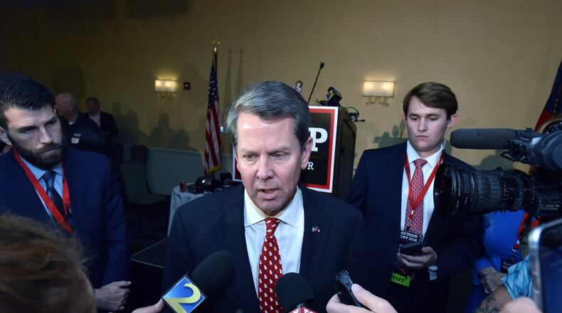 May 22, 2018 Athens - Brian Kemp, a republican candidate running for Georgia governor, speaks to members of the press during Brian Kemp Election Night Victory Party at Holiday Inn Athens-University Area on Tuesday, May 22, 2018. HYOSUB SHIN / HSHIN@AJC.COM