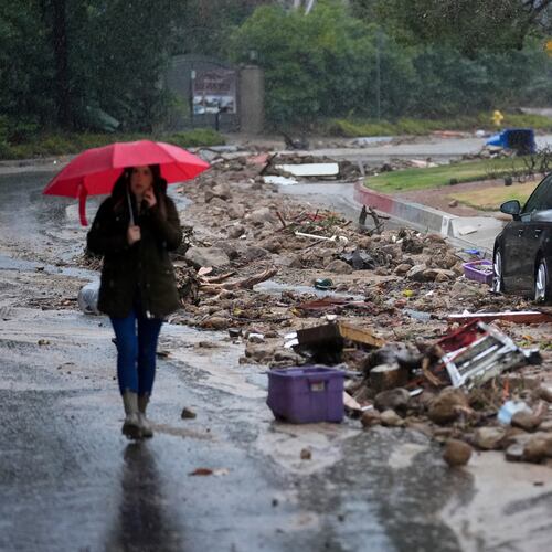 FILE - Mud and debris is strewn on Fryman Road during an atmospheric river Feb. 5, 2024, in Studio City Calif. (AP Photo/Marcio Jose Sanchez, File)