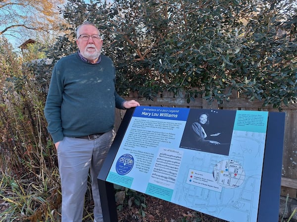 Jeff Crompton with the marker that honors Mary Lou Williams. (Courtesy of Karen Brakke)