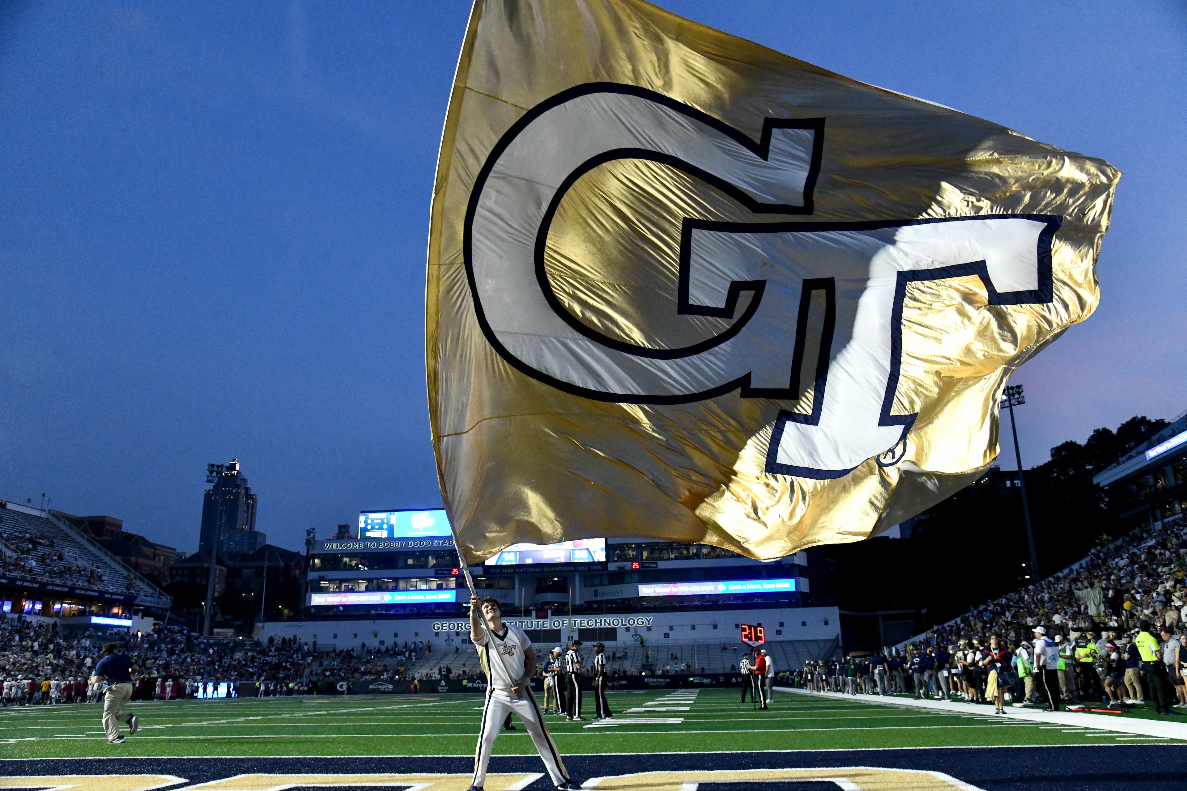 Georgia Tech fans celebrate during the second half of an NCAA college football game at Georgia Tech's Bobby Dodd Stadium, Saturday, November 20, 2025 in Atlanta. Georgia Tech won 45-24 over Temple. (Hyosub Shin / AJC)