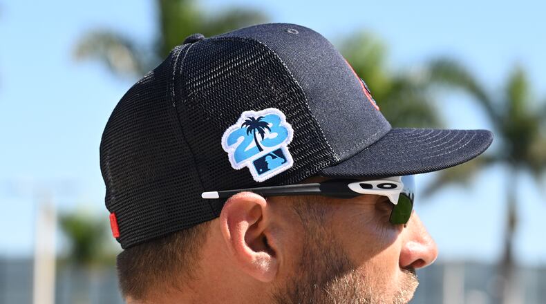 Kevin Pillar on the first day that  Braves pitchers and catchers reported to spring training at CoolToday Park, Monday, Feb. 13, 2023, in North Port, Fla.. (Hyosub Shin / Hyosub.Shin@ajc.com)