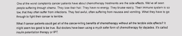 The website for Dr. Rhett Bergeron's clinic, Real Health Medical, once touted insulin potentiation therapy as "a much safer form of chemotherapy" that doctors had been using "for decades." This screenshot, taken from the Internet Archive Wayback Machine, is from 2023, when JP Garmon's wife began IPT treatment there. (Internet Archive Wayback Machine)