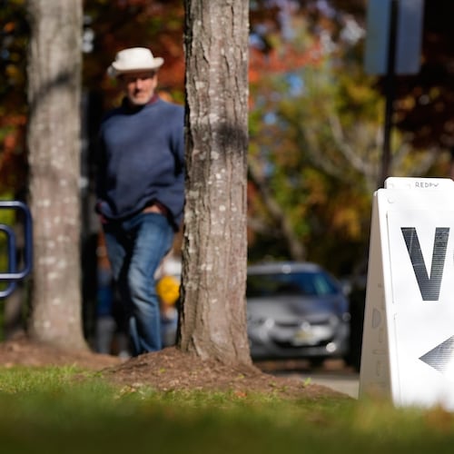 A sign is displayed outside a polling site in River Edge, N.J., Tuesday, Nov. 4, 2025. (AP Photo/Seth Wenig)