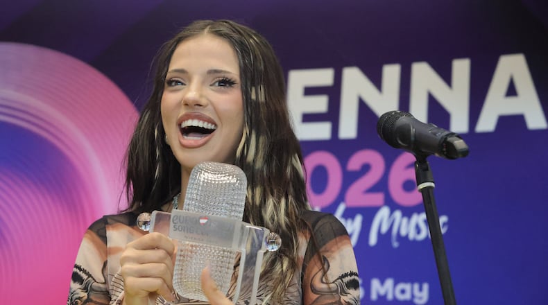 Eurovision 20026 winner Dara reacts upon her return home in Sofia on Sunday, May 17, 2026, giving the southeast European country its first-ever victory in the competition. (AP Photo/Valentina Petrova)