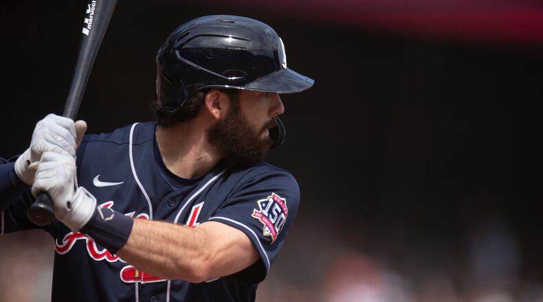 Braves shortstop Dansby Swanson (7) takes his turn at bat against the San Francisco Giants during the third inning Sunday, Sept. 19, 2021, in San Francisco. (D. Ross Cameron/AP)