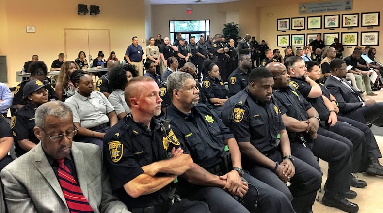 About 50 police officers and sheriff's deputies listened to DeKalb CEO Mike Thurmond's budget preview Tuesday, June 6, 2017, at the Maloof Auditorium in Decatur. Thurmond said he'll address public safety pay disparities, which will result in raises for some officers. MARK NIESSE / MARK.NIESSE@AJC.COM