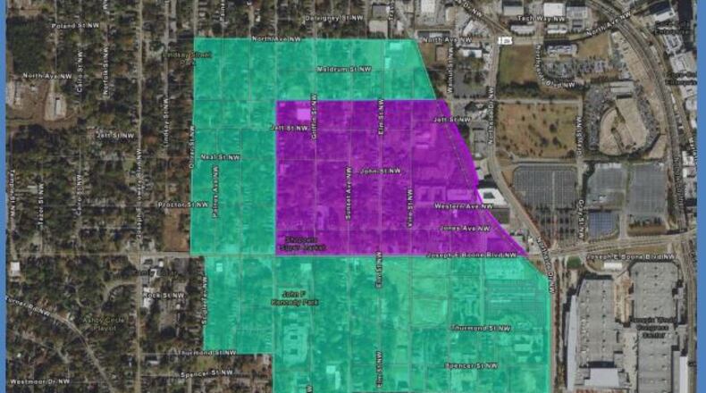 Officials from the U.S. Environmental Protection Agency will be available Thursday, March 12 to talk to residents of Atlanta’s Westside about lead cleanup. This map shows the initial Westside study area (purple) and the expanded area (green). Courtesy of Google