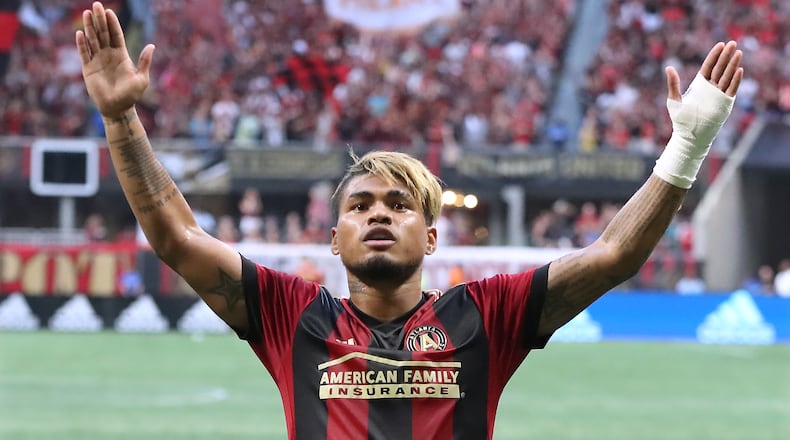 June 2, 2018 Atlanta: Atlanta United Josef Martinez celebrates his goal on a penalty kick against Philadelphia Union for a 1-0 lead during the first half in a MLS soccer match on Saturday, June 2, 2018, in Atlanta. Curtis Compton/ccompton@ajc.com