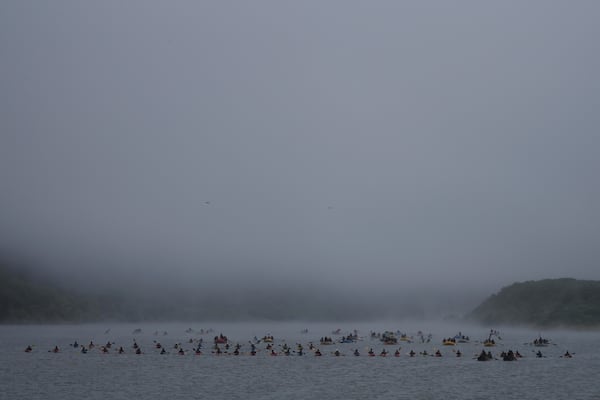 Native youth with ties to the Klamath River arrive at its mouth where it empties into the Pacific Ocean on Friday, July 11, 2025, in Klamath, Calif. (AP Photo/Brittany Peterson)