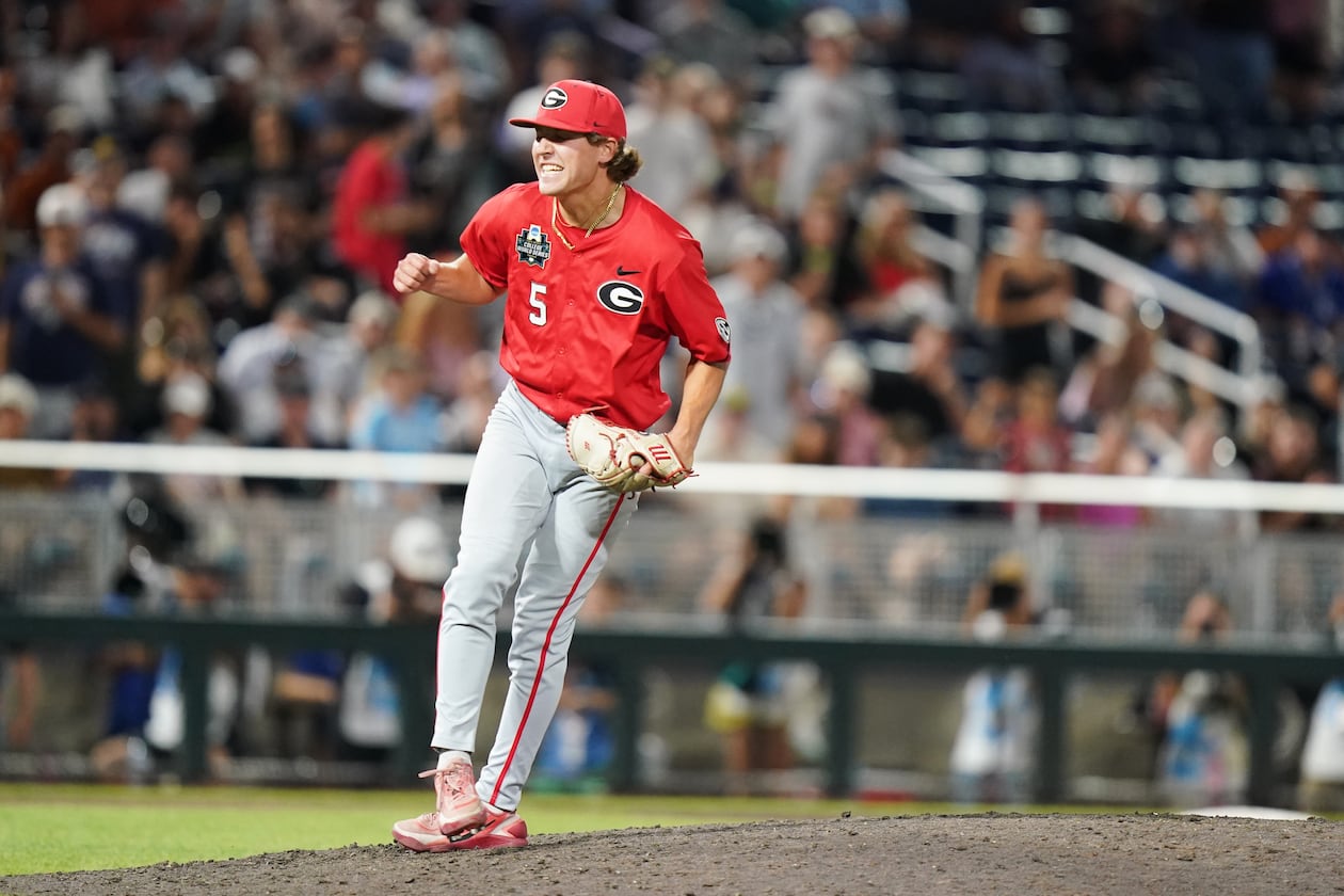 Georgia pitcher Justin Byrd celebrates a 2-0 victory over Texas during their College World Series elimination game on Tuesday, June 16, 2026, in Omaha, Neb. (Vera Nieuwenhuis/AP)