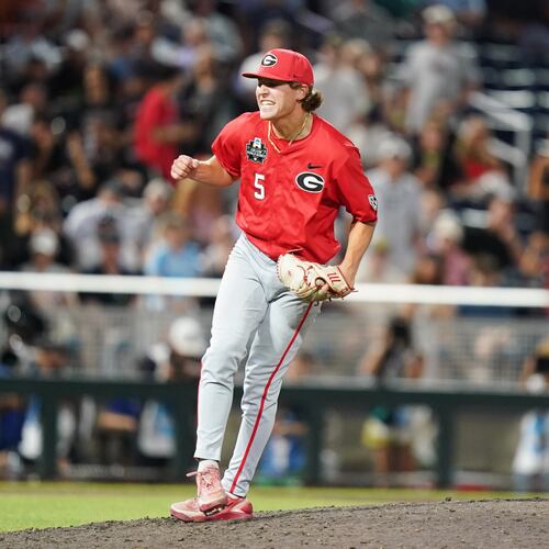 Georgia pitcher Justin Byrd celebrates a 2-0 victory over Texas during their College World Series elimination game on Tuesday, June 16, 2026, in Omaha, Neb. (Vera Nieuwenhuis/AP)