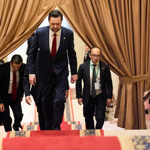 Vice President JD Vance, center, walks up a flight of stairs to meet with Pakistan's Prime Minister Shehbaz Sharif for talks about Iran, Saturday, April 11, 2026, in Islamabad. (AP Photo/Jacquelyn Martin, Pool)