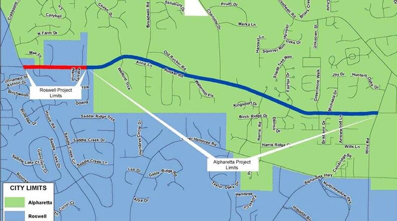 Map depicts portions of Rucker Road to be reconstructed in Roswell and Alpharetta. The Roswell City Council has approved an intergovernmental agreement with Fulton County in which the county will reimburse the city $867,930 for water line-related work.