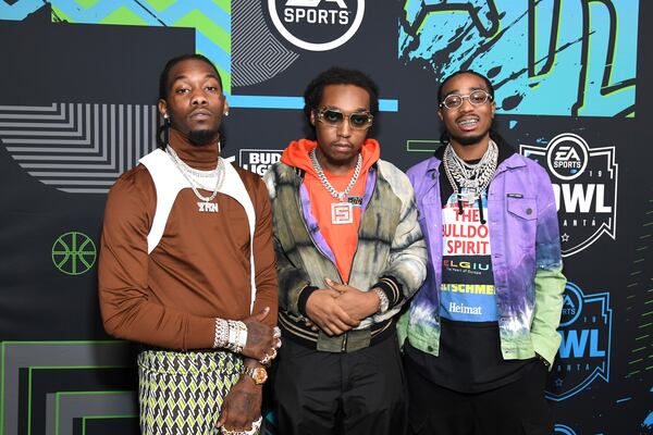 From left: Offset, Takeoff, and Quavo of Migos attend Bud Light Super Bowl Music Fest / EA SPORTS BOWL at State Farm Arena on January 31, 2019 in Atlanta, Georgia.  (Photo by Kevin Mazur/Getty Images for Bud Light Super Bowl Music Fest / EA SPORTS BOWL)