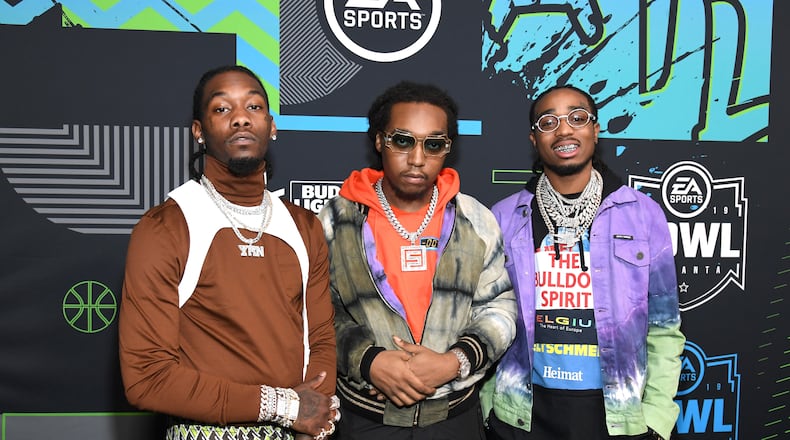 (L-R) Offset, Takeoff, and Quavo of Migos attend Bud Light Super Bowl Music Fest / EA SPORTS BOWL at State Farm Arena on Jan. 31, 2019 in Atlanta. (Photo by Kevin Mazur/Getty Images for Bud Light Super Bowl Music Fest / EA SPORTS BOWL)