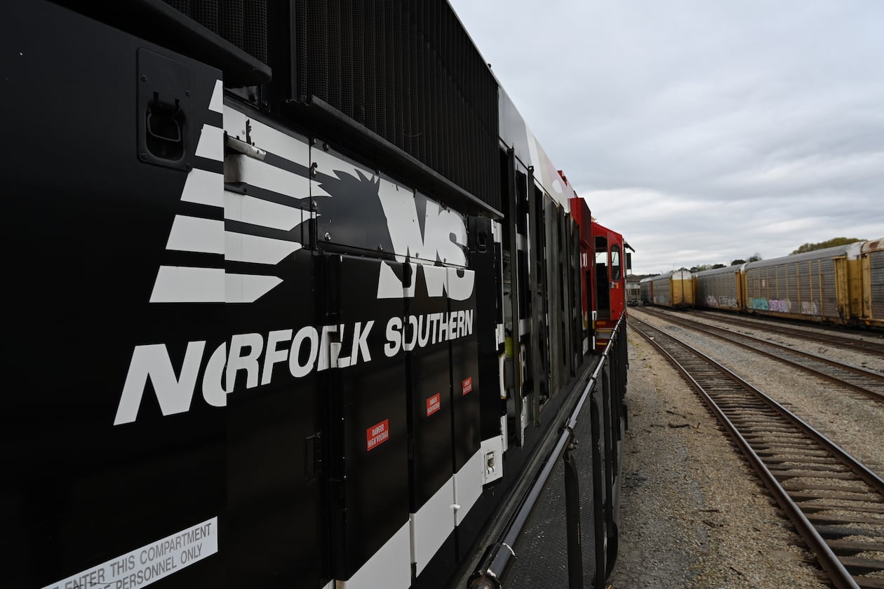 Norfolk Southern’s "Safety Train" (left) makes a stop in East Point, Wednesday, March 24, 2026. The Safety Train provides free, hands-on emergency response training for Atlanta-area first responders. (Hyosub Shin/AJC)