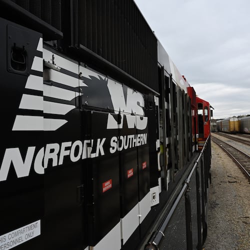 Norfolk Southern’s "Safety Train" (left) makes a stop in East Point, Wednesday, March 24, 2026. The Safety Train provides free, hands-on emergency response training for Atlanta-area first responders. (Hyosub Shin/AJC)