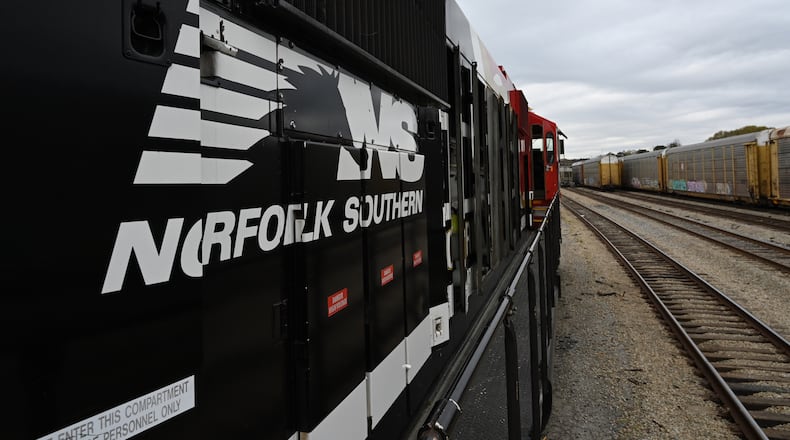 Norfolk Southern’s "Safety Train" (left) makes a stop in East Point, Wednesday, March 24, 2026. The Safety Train provides free, hands-on emergency response training for Atlanta-area first responders. (Hyosub Shin/AJC)