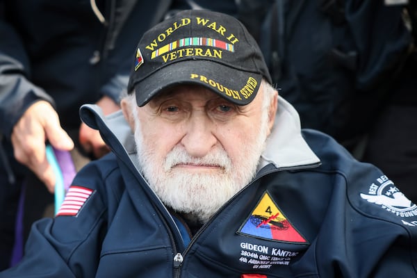 American WWII veteran Gideon Kantor attends ceremonies at the US cemetery to commemorate the 81st anniversary of the D-Day landings, Friday, June 6, 2025 in Colleville-sur-Mer, Normandy. (AP Photo/Thomas Padilla)
