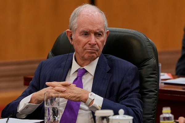Blackstone Group Chairman & CEO Stephen A. Schwarzman listens as Chinese President Xi Jinping speaks during a meeting with international business representatives at the Great Hall of the People in Beijing on Friday, March 28, 2025. (AP Photo/Ng Han Guan)