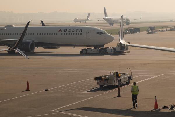Wildfire smoke blankets Hartsfield-Jackson International Airport in Atlanta on Wednesday, April 22, 2026. (Ben Gray for the AJC)