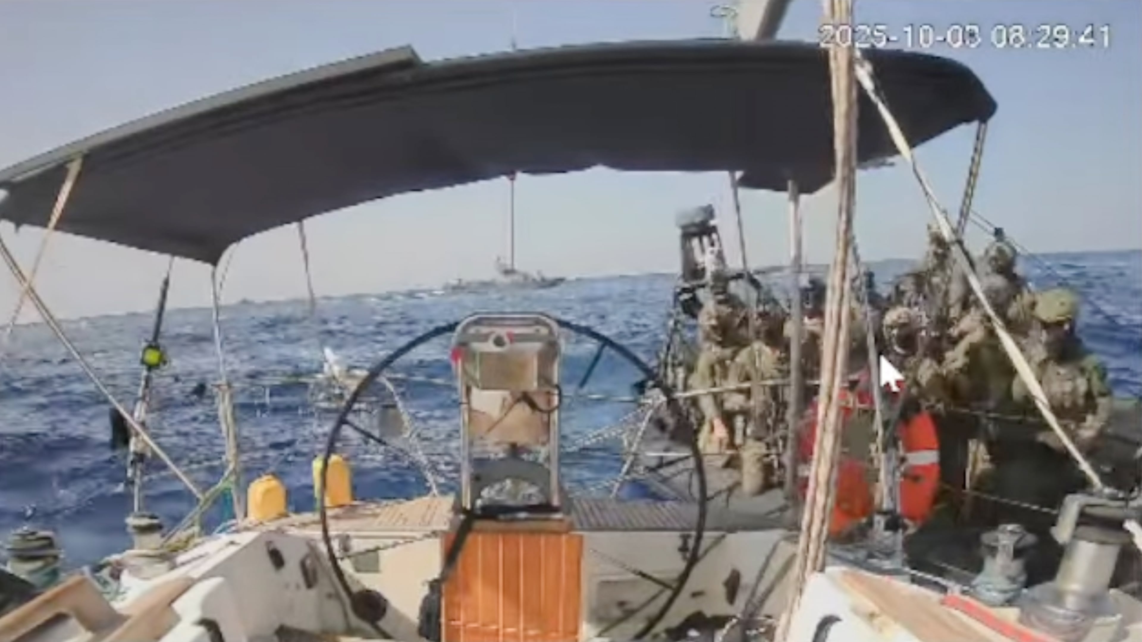 This frame grab from video released by the Global Sumud Flotilla shows Israeli forces intercepting 'Marinette', the last boat from an international flotilla trying to break Israel's sea blockade, Friday, Oct. 3, 2025. (Global Sumud Flotilla via AP)