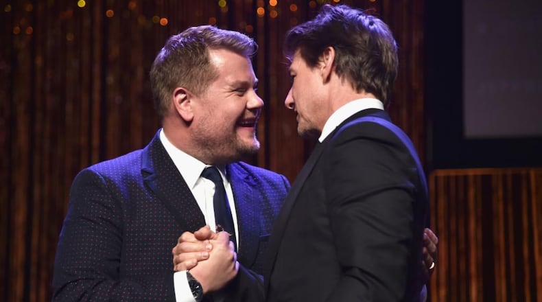 Late-night talk show host James Corden (L) and Pioneer of the Year award recipient Tom Cruise onstage during the 2018 Will Rogers Pioneer of the Year Dinner Honoring Tom Cruise at Caesars Palace during CinemaCon, the official convention of the National Association of Theatre Owners, on April 25, 2018 in Las Vegas, Nevada.