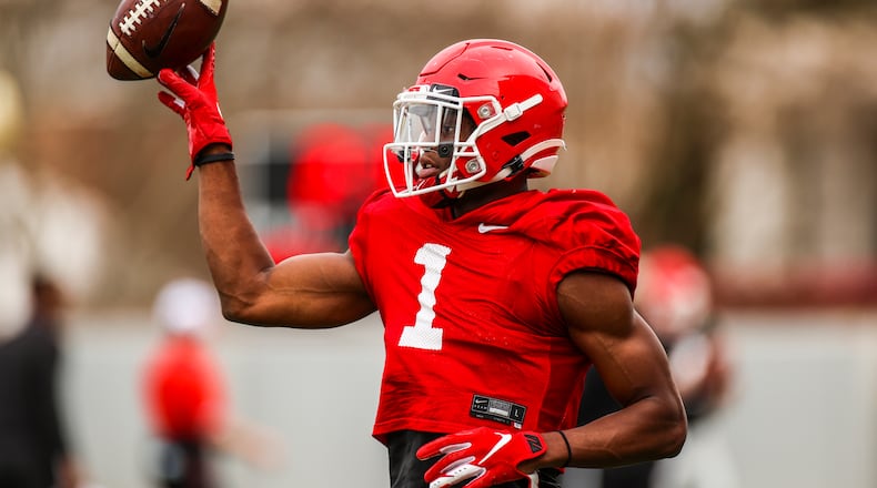 Georgia wide receiver George Pickens (1) during the Bulldogs’ practice session Tuesday, March 23, 2021, outside the Butts-Mehre football complex in Athens. (Tony Walsh/UGA)