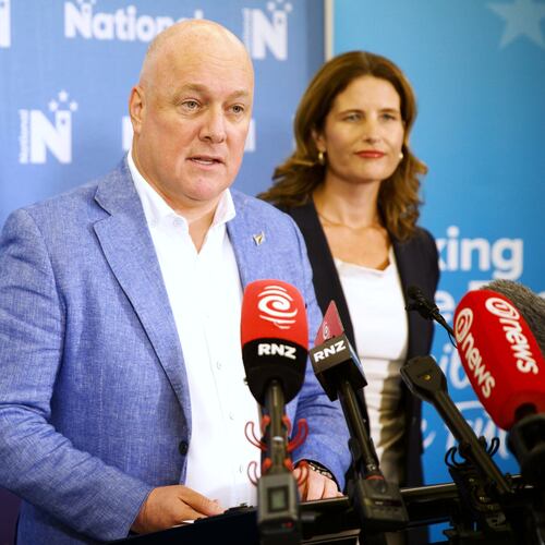 New Zealand Prime Minister Christopher Luxon announces the 2026 election date at the National annual away caucus in Christchurch Wednesday, Jan 21, 2026, as Finance Minister Nicola Willis, right, looks on. (Alden Williams/STUFF via AP)