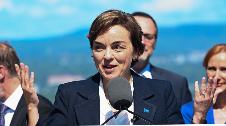 Coalition Avenir Quebec Leader Christine Frechette speaks during a news conference after calling a general election in Quebec City, on Thursday, Aug. 27, 2026. (Jacques B/The Canadian Press via AP)