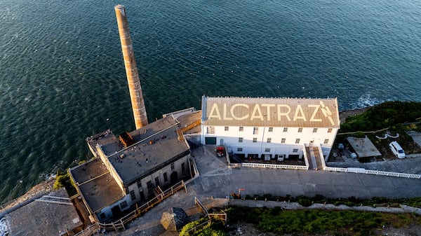 A building stands on Alcatraz Island on Sunday, May 4, 2025, in the San Francisco Bay, Calif. (AP Photo/Noah Berger)