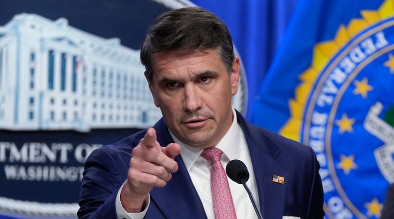 Acting Attorney General Todd Blanche speaks during a news conference at the Department of Justice, Wednesday, July 1, 2026 in Washington. (AP Photo/Manuel Balce Ceneta)