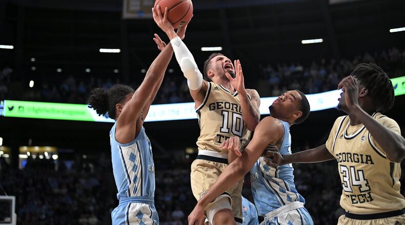 Jose Alvarado scored five points  against North Carolina Tuesday night in a 77-54 loss at McCamish Pavilion. (Danny Karnik/Georgia Tech Athletics)