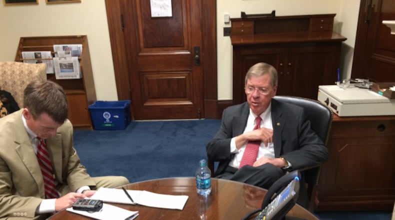 Sen. Johnny Isakson sits with the AJC's Washington reporter Jamie Dupree on Wednesday, June 8, 2015.