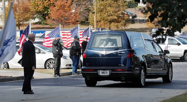 October 18, 2019 - Snellville -  Patriot Guard Riders salute as the hearse arrives at the church.  The funeral for Master Sgt. Mark Allen was held. Friday at the First Baptist Church of Snellville. Allen died Saturday, ten years after he was shot while searching for a soldier who deserted his post in Afghanistan. He was 46.  Bob Andres / robert.andres@ajc.com
