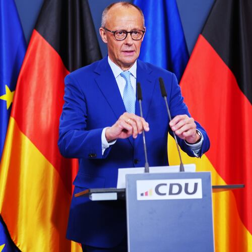 German Chancellor Friedrich Merz speaks to media at the Christian Democratic Union party headquarters in Berlin, Germany, Sunday, Sept. 20, 2026. (AP Photo/Markus Schreiber)