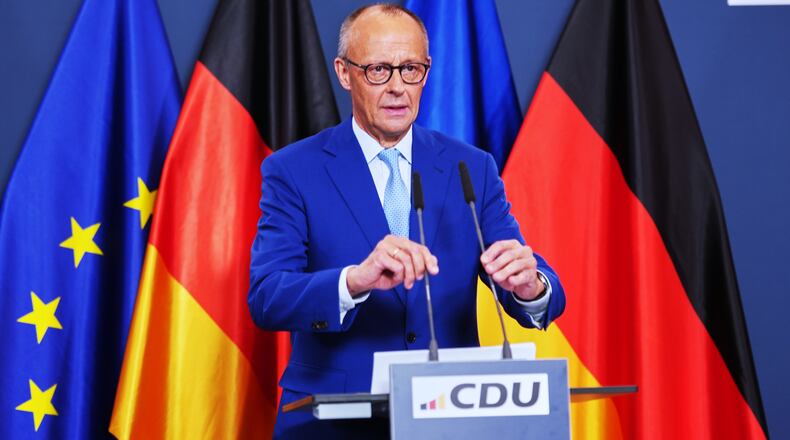 German Chancellor Friedrich Merz speaks to media at the Christian Democratic Union party headquarters in Berlin, Germany, Sunday, Sept. 20, 2026. (AP Photo/Markus Schreiber)
