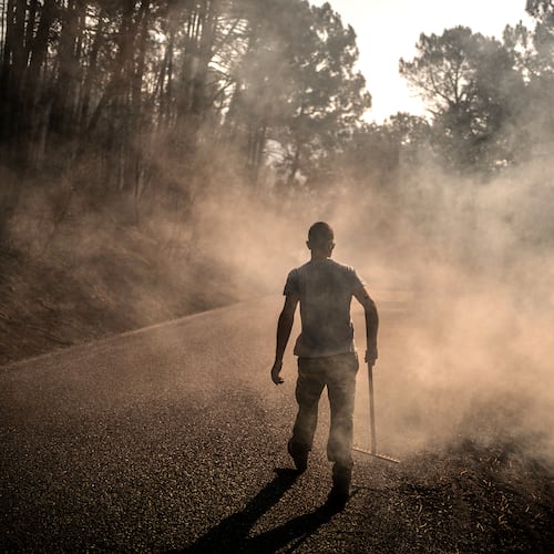 A man works to extinguish hot spots in an area burned by a wildfire near Casavieja, Ávila province, Spain, Wednesday, July 29, 2026. (AP Photo/Olmo Calvo)